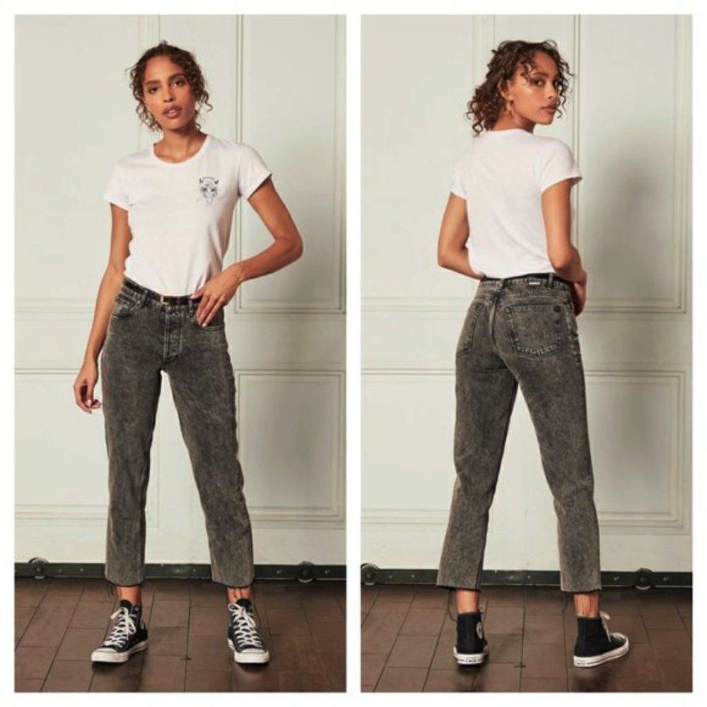 Boyish High Waisted Straight Leg Jean Raw Hem Button Fly Washed Black 26